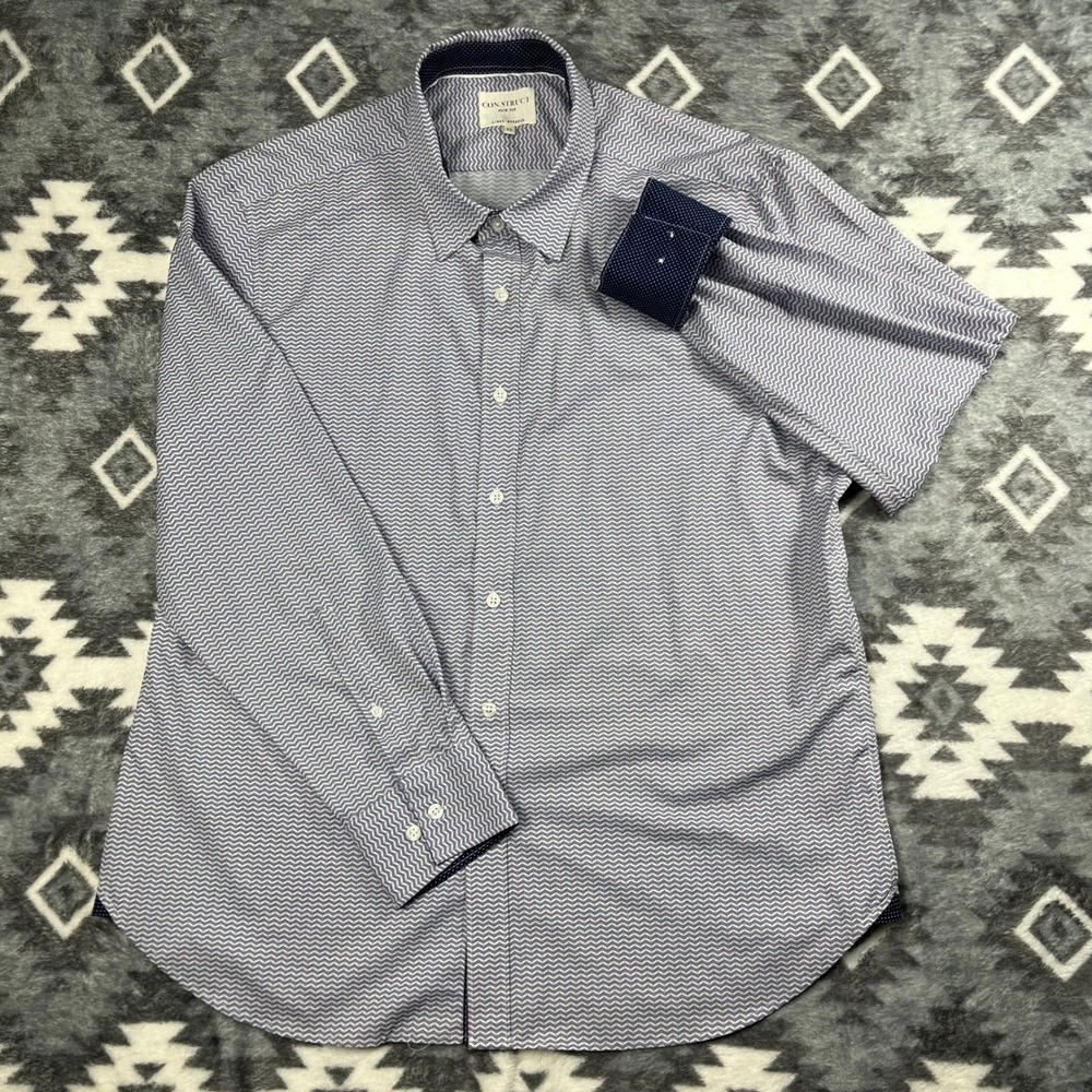 Con.Struct Mens XL Slim Fit 4-Way Stretch Chevron Button Down Shirt Navy White - Picture 2 of 10
